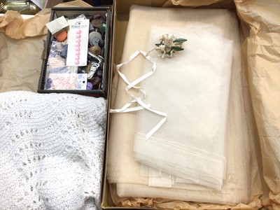 Lot 686 - 1950s wedding veil, a christening shawl and a box of buttons