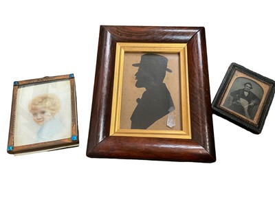 Lot 227 - Miniature portrait on faux ivory, silhouette and a daguerreotype