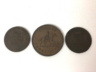 Lot 473 - G.B. - Mixed 19th century Wellington Tokens to include Penny Yorkshire, Rev: A mounted cossack (undated) (N.B. Rev: Edge bruises) otherwise VF scarce (Ref: Davis 92), Half Pennies Cuidad Type (N.B....