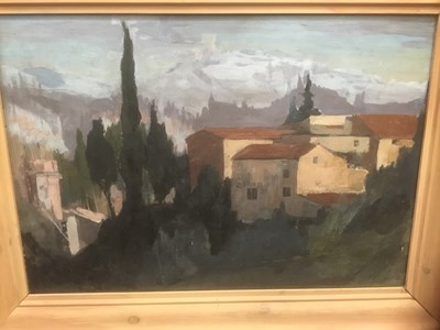 Lot 306 - Attributed to John Barrow -  oil on board, Mediterranean landscape with cedar trees