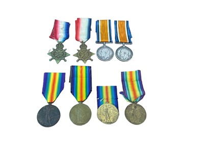 Lot 756 - Collection of First World War medals comprising 1914 - 15 Star (x2) named to M. 1126. W. A. Atkins. E. R. A. 4. R.N. and 12505 PTE. PTE. G. J. Powell. Suff. R. War medals (x2) named to 2240 PTE. T....