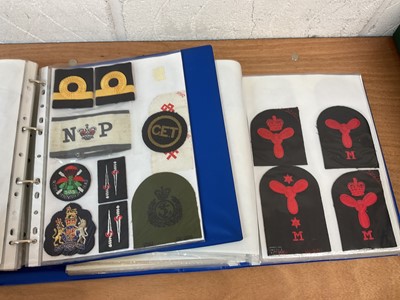 Lot 759 - Two albums of cloth Royal Navy badges and insignia to include cap tallies (2 albums)