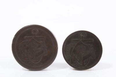 Lot 483 - G.B. - 18th century Liverpool Docks copper Tallys Penny (Dia: 38mm) & Half Penny (Dia: 30mm) (size) Obv: Anchor behind shield with 'Liverbird' holding a branch of laver seaweed, overshield with rib...