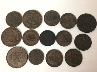 Lot 485 - Canada - Mixed 19th copper Token coinage to include Sou, Pennies & Half Pennies in generally VG-GVF & Bronze regular coin issue 1859 1 Cent (N.B. With dropped 9 in date) (13 tokens & 1 coin - total...