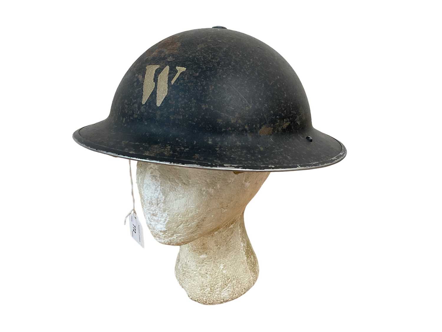 Lot 772 - Second World War British Military MKII Steel Helmet with black painted finish and 'W' (Warden) to front, with chinstrap and liner, dated under brim 1939