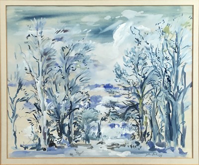 Lot 246 - John Graham, mid 20th century, watercolour on paper - Snow covered woodland, signed and dated 1947 in pencil, 35cm x 42cm, in glazed frame