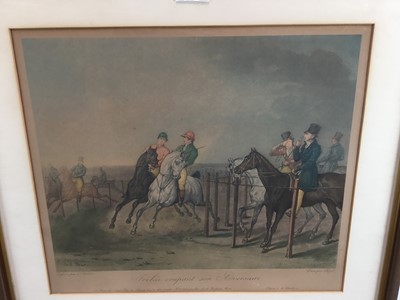 Lot 225 - After Carle Vernet (1758-1836) pair of coloured engravings - Racing Scenes, 37cm x 43cm, in glazed frames