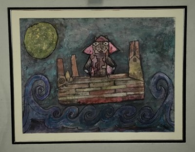 Lot 361 - Ann Thetis Blacker (1927-2006), 1960s mixed media on paper - Figure in a Boat, indistinctly signed, dated '66, 29cm x 38cm, framed