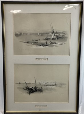 Lot 367 - After David Roberts, two lithographs, 'Port of Tyre' and 'St. Jean D'Acre', April 1839, published by F. G. Moon 1843, framed as one. Together with another 'Engedi', published by Moon 1842, each fra...