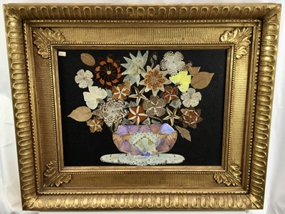 Lot 368 - Vintage butterfly wing picture depicting a vase of flowers, 29cm x 39cm, in glazed gilt frame