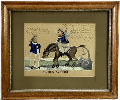 Lot 370 - An amusing late 19th century watercolour cartoon - 'Sailors on Shore', titled in ink, 25cm x 34cm, in maple veneered frame