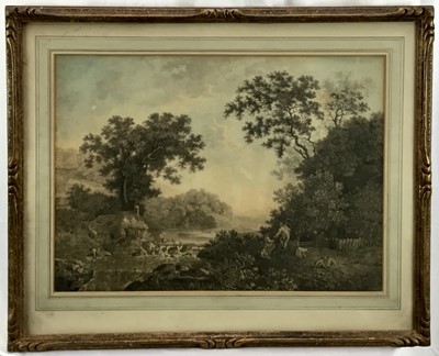 Lot 371 - English School, late 18th century, watercolour - Harvesting figures and cottages beside a river, 38cm x 52cm, in glazed frame