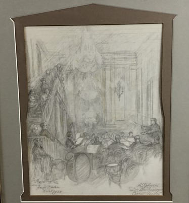 Lot 375 - Frances Burlison (1875-1974) pencil sketch entitled 'A Rehersal, Die Meistersinger, Covent Garden', with presentation inscription to Dame Maggie Teyte dated Xmas 1938, 35cm x 28cm, in decorative mo...