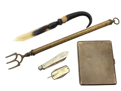 Lot 1029 - Silver cigarette case, silver and mother of pearl fruit knife, one other folding knife, horn letter opener and a metal fork