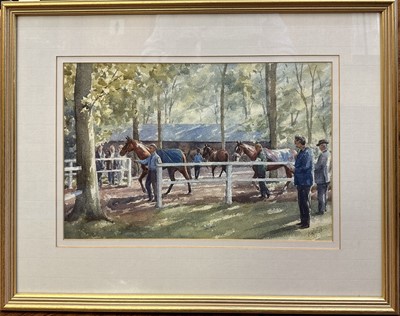 Lot 401 - Katy Sodeau, contemporary, watercolour - 'Pre-parade ring', signed, 25cm x 38cm, in glazed gilt frame