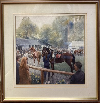 Lot 402 - Katy Sodeau, contemporary, watercolour - 'Parade Ring, Newmarket', signed, 39cm x 40cm, in glazed frame