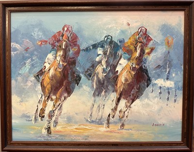 Lot 404 - A. Veccio, contemporary, oil on board, racing scene, together with a pair of Mark Smallman racing prints and three Vic Granger signed limited edition greyhound prints (6)