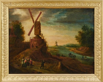 Lot 1312 - Dutch School, 18th century, oil on canvas - Figures in a Landscape with a Windmill, after Brueghel, 40cm x 50cm, in gilt frame