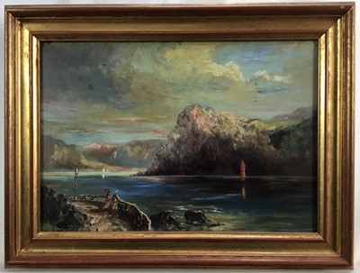 Lot 287 - Continental School, oil on board - extensive lake view, 22cm x 32cm, in gilt frame