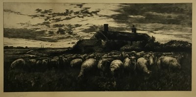 Lot 386 - Charles Henry Baskett (1872-1953) etching of an East Anglian scene of sheep in a farm, possibly by the River Colne