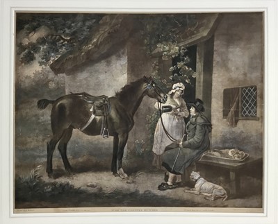 Lot 529 - 19th century hand coloured engraving after George Morland - The Country Butcher, 46cm x 56cm, mounted
