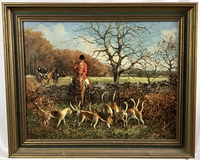 Lot 288 - Peter Donnithorne, English School, 20th century, oil on canvas - Mendip Farmers Opening Meet 1984, indistinctly signed, titled verso, 36cm x 46cm, in gilt frame