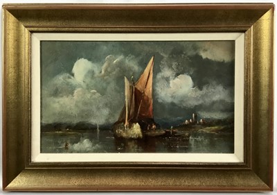 Lot 289 - English School, early 19th century, oil on board - Boats at Anchor, 20cm x 35cm, in gilt frame