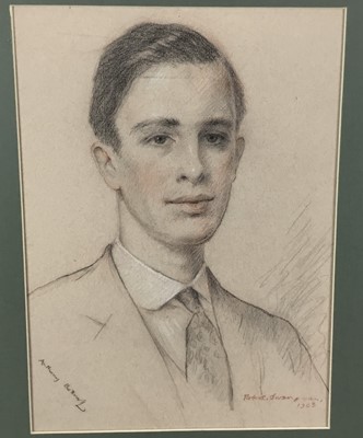 Lot 290 - Robert Swan, 20th century, coloured pencil and chalk - portrait of Anthony Botrall, signed and inscribed, 35cm x 25cm, framed