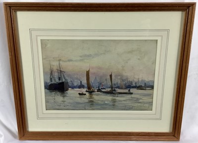 Lot 291 - Thompson Hodgson Liddell (1860-1925) watercolour - St Paul's from the Pool of London, signed and inscribed, 20cm x 30cm, in glazed frame