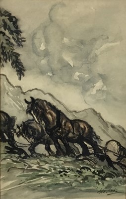 Lot 293 - Anton Lock (1893-1970) ink and watercolour - Timber Hauling, signed, 25cm x 16cm, together with another