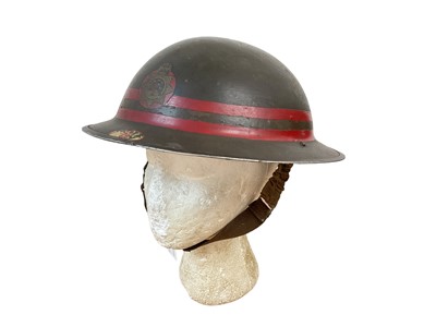 Lot 780 - Second World War British Military MKII Steel Helmet with N.F.S. (National Fire Service) badge and No. 8 badge for Nottingham, with chinstrap and liner, dated under brim 1939