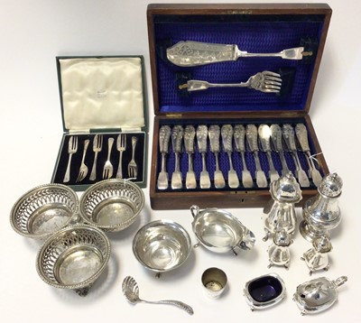 Lot 210 - Silver including two sugar sifters, sauceboat, sugar bowl, cruets, cased plated cutlery