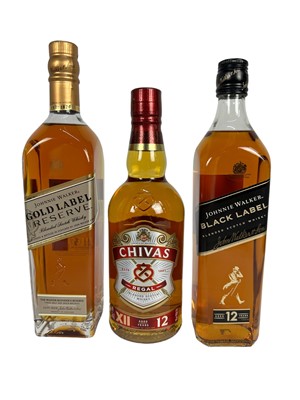 Lot 13 - Whisky - three bottles, Johnnie Walker Black Label, 70cl, Johnnie Walker Gold Label, 70cl and Chivas Regal, 70cl