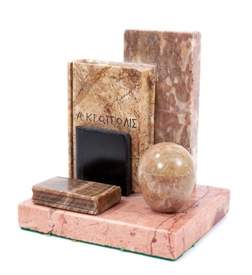 Lot 653 - 19th century Grand Tour specimen marble desk stand or paperweight, modelled as a pile of books, with 19th century pen inscribed label to the reverse, indistinctly inscribed but appears to state...'