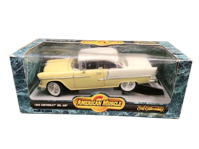 Lot 1939 - Selection of 1:18 scale diecast American Muscle cars including 1957 Custom Chevy, 1956 Sunliner, 1970 Buick GSX, 1955 Chevy Indy Pace Car, 1969 Shelby GT-500 and 1955 Chevrolet Bel Air, all boxed (...