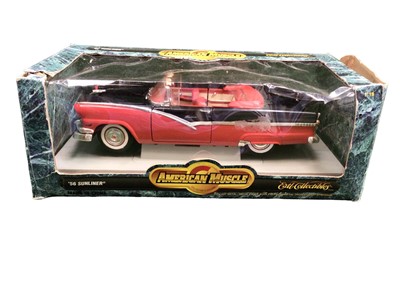 Lot 1939 - Selection of 1:18 scale diecast American Muscle cars including 1957 Custom Chevy, 1956 Sunliner, 1970 Buick GSX, 1955 Chevy Indy Pace Car, 1969 Shelby GT-500 and 1955 Chevrolet Bel Air, all boxed (...