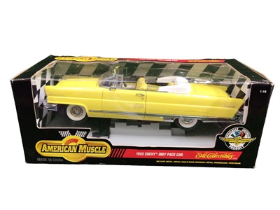 Lot 1939 - Selection of 1:18 scale diecast American Muscle cars including 1957 Custom Chevy, 1956 Sunliner, 1970 Buick GSX, 1955 Chevy Indy Pace Car, 1969 Shelby GT-500 and 1955 Chevrolet Bel Air, all boxed (...