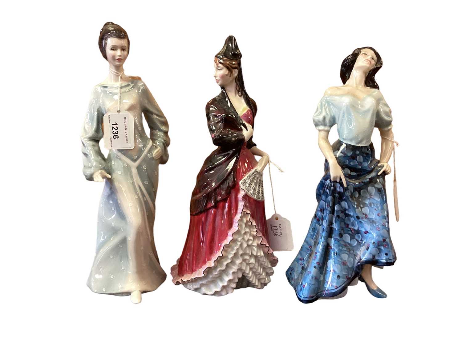 Lot 1236 - Five Royal Doulton figures - Boudoir HN2542, A La Mode HN2544, Carmen HN2545, Mantilla HN2712, and Eliza HN2543