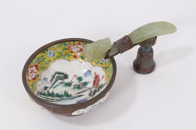 Lot 716 - Chinese jade belt hook mounted as a handle on a Canton enamel bowl