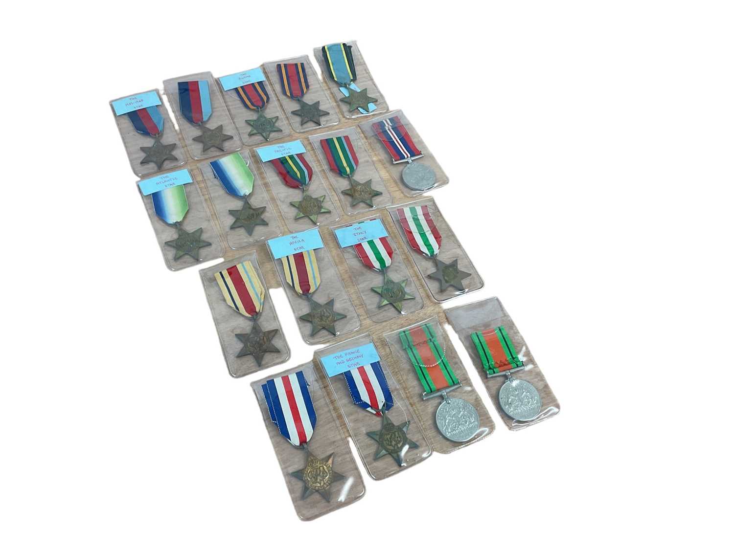 Lot 800 - Group of Second World War Campaign medals comprising 1939 - 1945 Star x2, France and Germany Star x2, Italy Star x2, Burma Star x2, Africa Star x2, Pacific Star x2, Air Crew Europe Star (Copy), Atl...