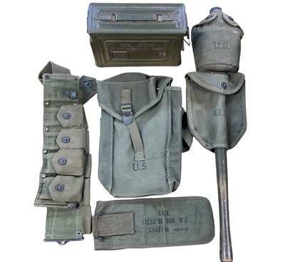 Lot 801 - Collection of Second World War and later American canvas webbing pouches, ammunition tin and other related militaria.