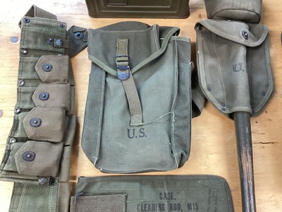 Lot 801 - Collection of Second World War and later American canvas webbing pouches, ammunition tin and other related militaria.