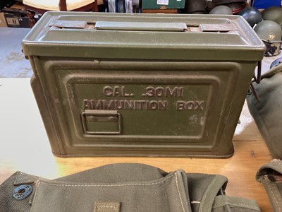 Lot 801 - Collection of Second World War and later American canvas webbing pouches, ammunition tin and other related militaria.