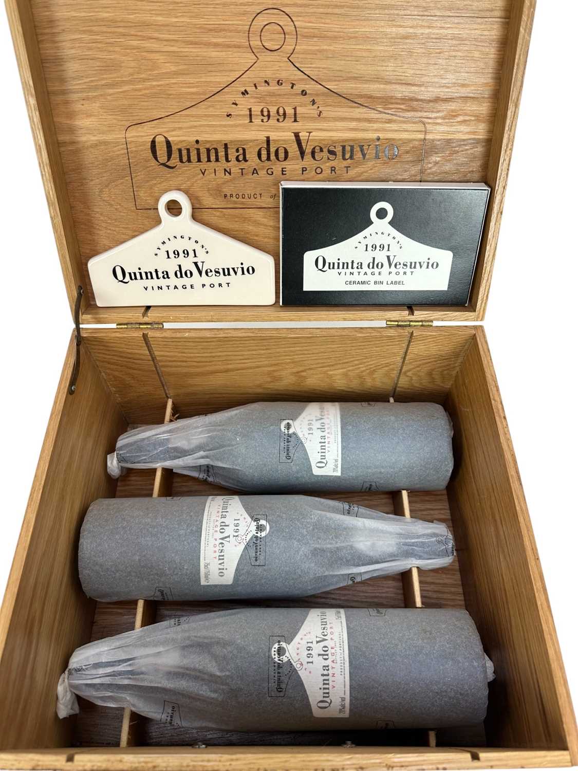 Lot 48 - Port - three bottles, Symington's Quinta do Vesuvio 1991, in 6 bottle wooden case with ceramic bin label