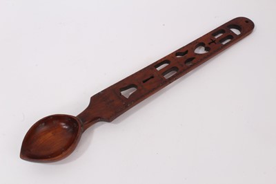 Lot 658 - Welsh carved love spoon, engraved with initials and dated 1804 but probably later