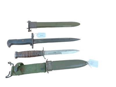 Lot 913 - Second World War American bayonet with scabbard dated 1943 and American fighting knife in sheath with canvas frog (2)