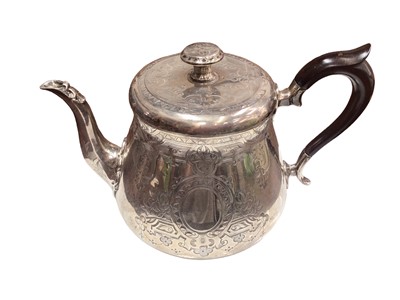 Lot 192 - Victorian silver teapot of baluster form with engraved decoration, (London 1862), maker Daniel & Charles Houle, 13cm from handle to spout, all at 20ozs