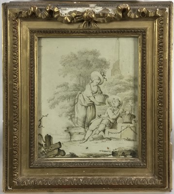 Lot 413 - English School, early 19th century, monochrome watercolour - Figures in a Garden, 15.5cm x 12.5cm, in gilt frame