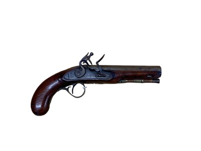 Lot 966 - Early 19th century Flintlock officers pistol with octagonal barrel, side lock, walnut stocked with brass mounts and original ram rod 28cm long overall, the barrel 16cm