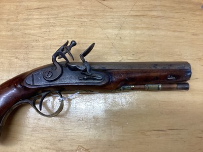 Lot 966 - Early 19th century Flintlock officers pistol with octagonal barrel, side lock, walnut stocked with brass mounts and original ram rod 28cm long overall, the barrel 16cm